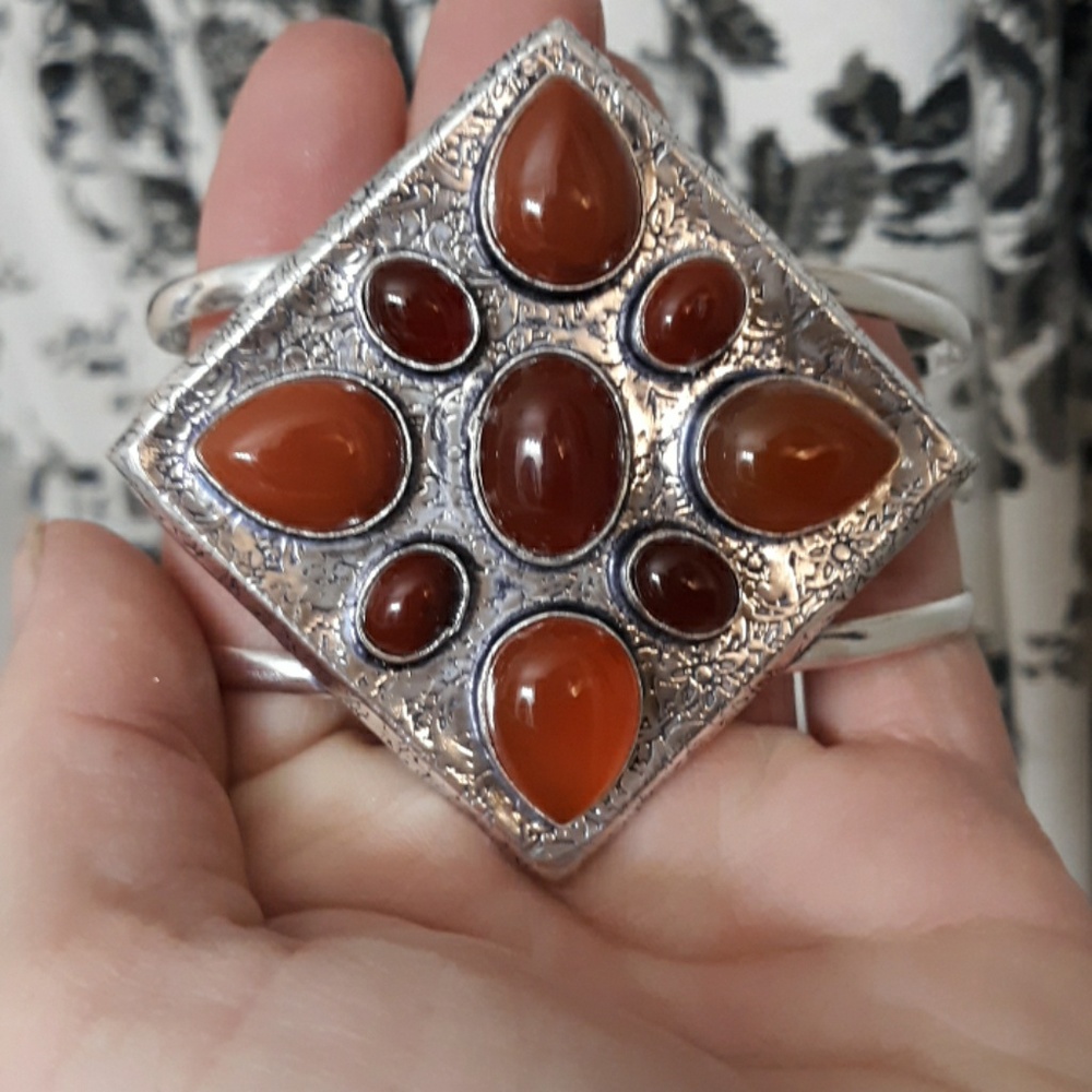 New Oversized Carnelian 925 Silver Cuff Bracelet.